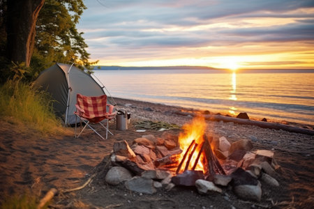 cozy campfire set up near the shoreline, created with generative aiの素材