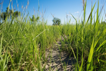 ground view of tall grass with visible animal footprints, created with generative aiの素材