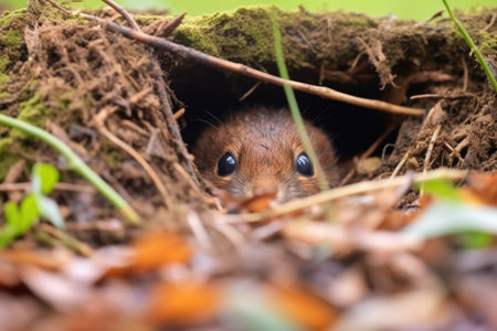 close look into a bank vole burrow in woodland, created with generative aiの素材