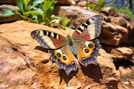 peacock butterfly with wings open on a stone, created with generative aiの素材
