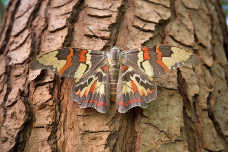 a camouflage moth blending onto tree trunk, created with generative aiの素材