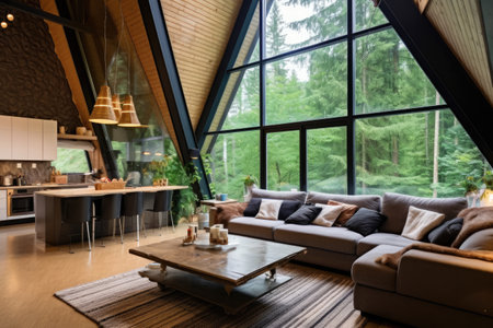 scandinavian style interior of a luxury cabin, created with generative aiの素材