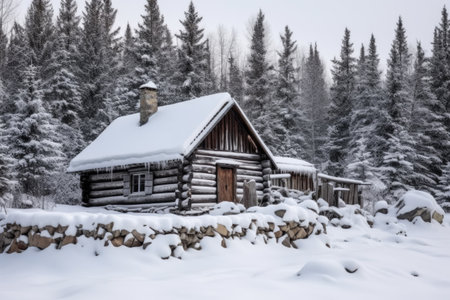 exterior of a stone cabin in a snow-covered landscape, created with generative aiの素材