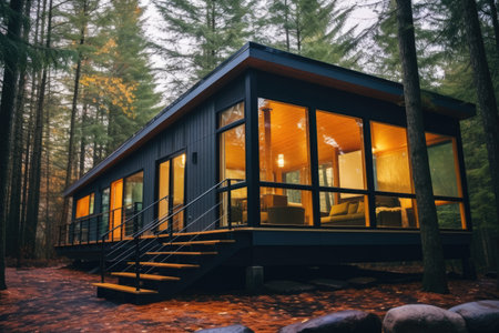 a modern cabin with floor-to-ceiling windows around a forest, created with generative aiの素材