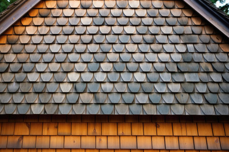 architectural detail of a cabin exterior - wooden shingles, created with generative aiの素材