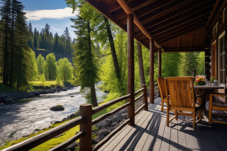 a cabin with large porch overlooking a tranquil river, created with generative aiの素材