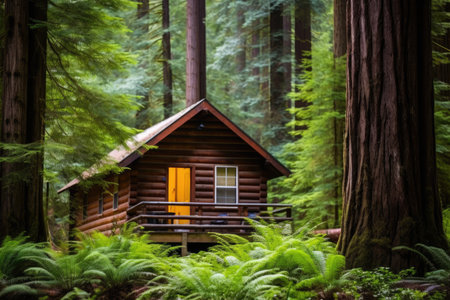 rustic cabin surrounded by towering redwoods, created with generative aiの素材