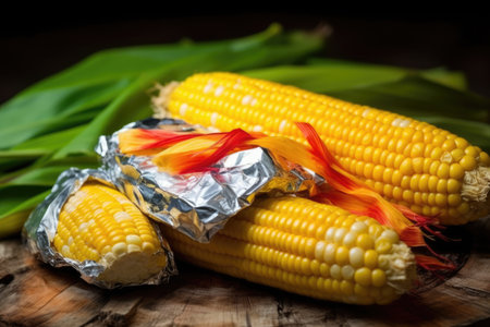 a bright campfire with a pair of corn on the cob wrapped in foil, created with generative aiの素材