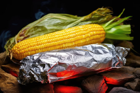 a bright campfire with a pair of corn on the cob wrapped in foil, created with generative aiの素材