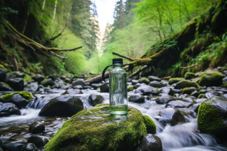 a reusable water bottle next to a clean mountain stream, created with generative aiの素材