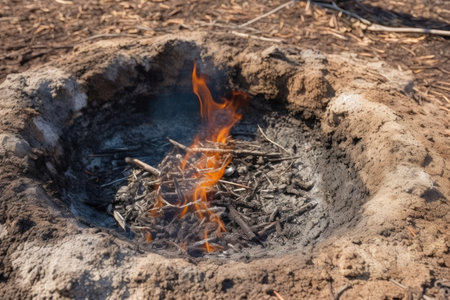 fire ring filled only with ash, showing residue of a small controlled fire, created with generative aiの素材