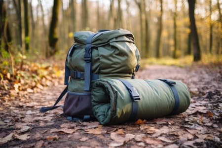 a compact backpack with attached sleeping bag roll, created with generative aiの素材