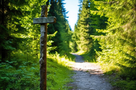 view of a trailhead signpost near a campsite, created with generative aiの素材