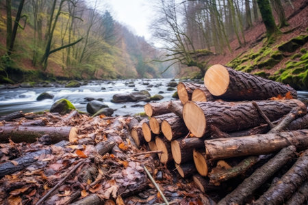 pile of chopped wood ready for fire, waterfall in backdrop, created with generative aiの素材
