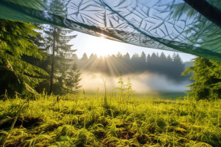 morning dew on a tent at a forest campsite, created with generative aiの素材
