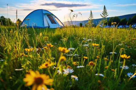 camping in a meadow with wildflowers and a tent, created with generative aiの素材