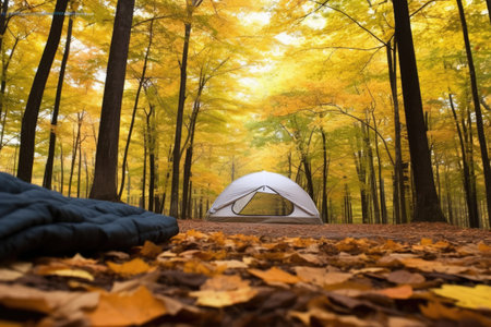 sleeping bag and tent under mixed deciduous forest canopy, created with generative aiの素材