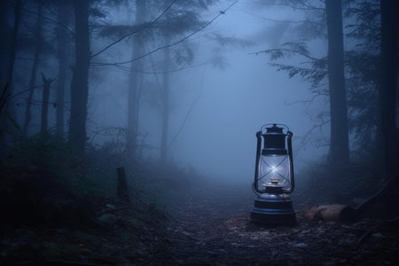 camping lantern illuminating a foggy forest scene, created with generative aiの素材