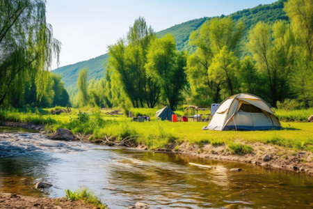 well-equipped campsite near a flowing river, created with generative aiの素材