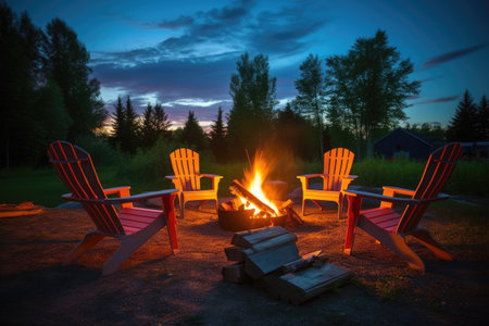 wooden deck chairs around a glowing campfire, created with generative aiの素材