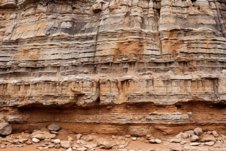 close capture of an eroded wall displaying multiple rock strata, created with generative aiの素材