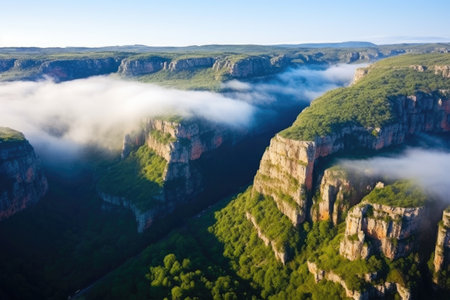aerial view of a wide, deep canyon filled with fog, created with generative aiの素材
