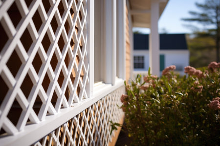 lattice-work porch detail on a cape cod home, created with generative aiの素材