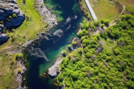birds-eye view of a clear fishing spot by a meandering river, created with generative aiの素材