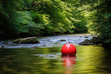 a gently bobbing fishing float in a quiet river, created with generative aiの素材