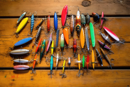 brightly colored fishing lures displayed on a wooden table, created with generative aiの素材