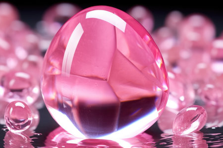 water droplets reflecting on a smooth rose quartz, created with generative aiの素材
