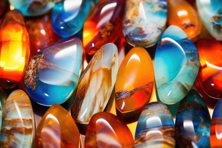 a close-up of raw opals with vibrant play of color, created with generative aiの素材