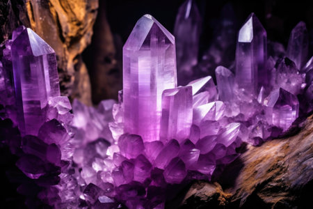 a glowing cluster of amethyst crystals in a dark cave, created with generative aiの素材
