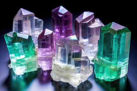 fluorite crystals showing a range of colors under light, created with generative aiの素材