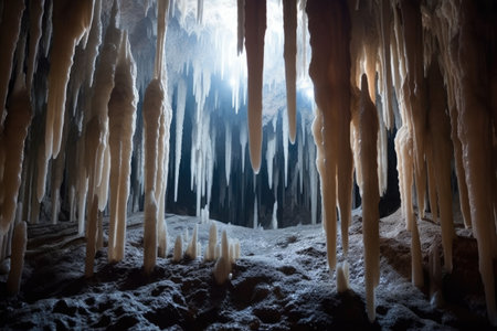 a striking formation of stalagmites rising from a cave floor, created with generative aiの素材