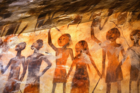 precise photograph of fading cave painting of human figures, created with generative aiの素材