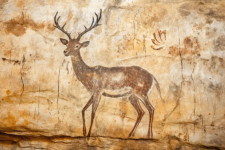 detail-focused close-up of a weathered cave painting of a deer, created with generative aiの素材