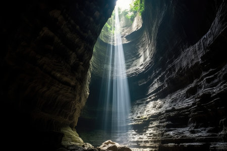 light streaming through a natural funnel in a cave, created with generative aiの素材