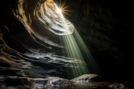 light streaming through a natural funnel in a cave, created with generative aiの素材