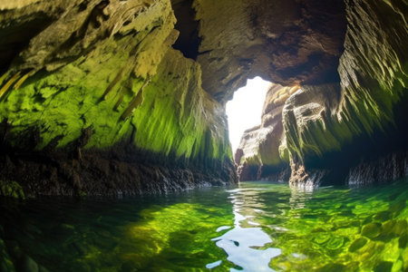 algae-covered rocks in a sunlit sea cave, created with generative aiの素材