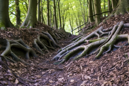 snaking roots exposed near a small woodland burrow, created with generative aiの素材