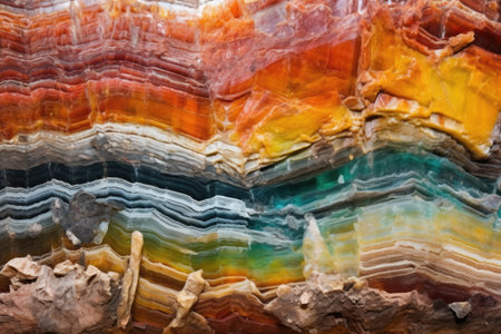 colorful mineral layers visible inside a deep cave, created with generative aiの素材