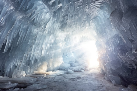 backlit ice crystals formed inside a winter cave, created with generative aiの素材