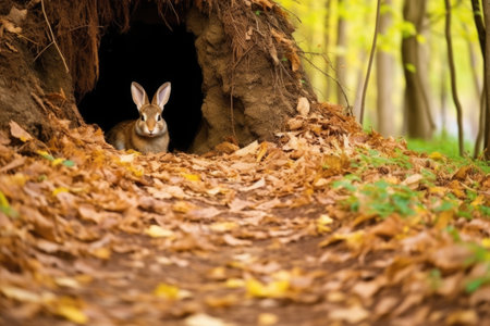 rabbit burrow entrance in a forest with leaves on ground, created with generative aiの素材
