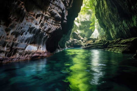 underground river flowing in a large cave system, created with generative aiの素材