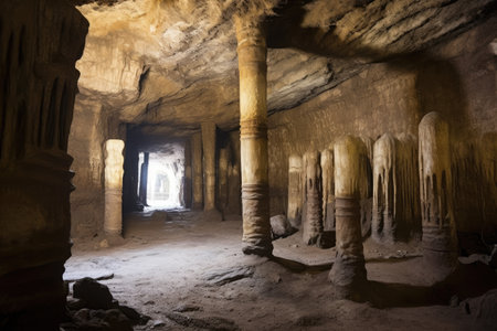 stone pillars inside a cavernous, multi-chambered cave, created with generative aiの素材
