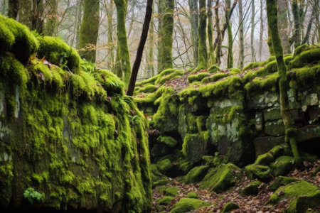 a moss-covered stone wall within a hidden forest cave, created with generative aiの素材