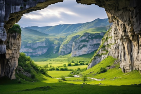 majestic mountain range with caves in its side, created with generative aiの素材