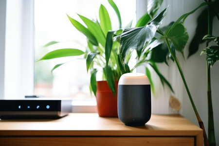 a programmed smart speaker on a living room shelf, created with generative aiの素材