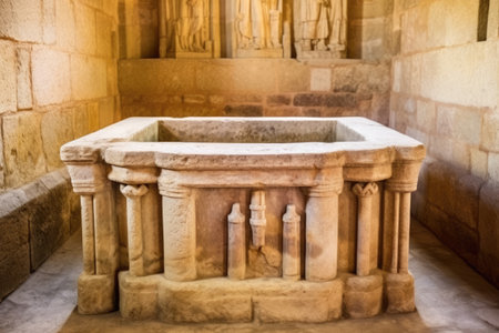 stone carved baptismal font with water, created with generative aiの素材
